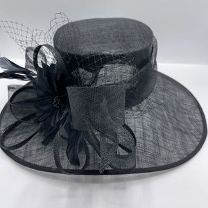 Josette Feather Flower Sinamay Wide Brim Black Hat Women One Size